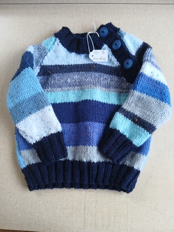 Hand-knitted blue striped baby jumper. Approx 0 to 3 mths - main product image