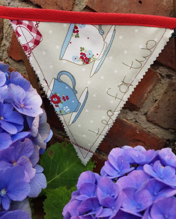 Handmade oilcloth and cotton ‘Tea 4 Two’ bunting and 4 matching coasters.. - main product image