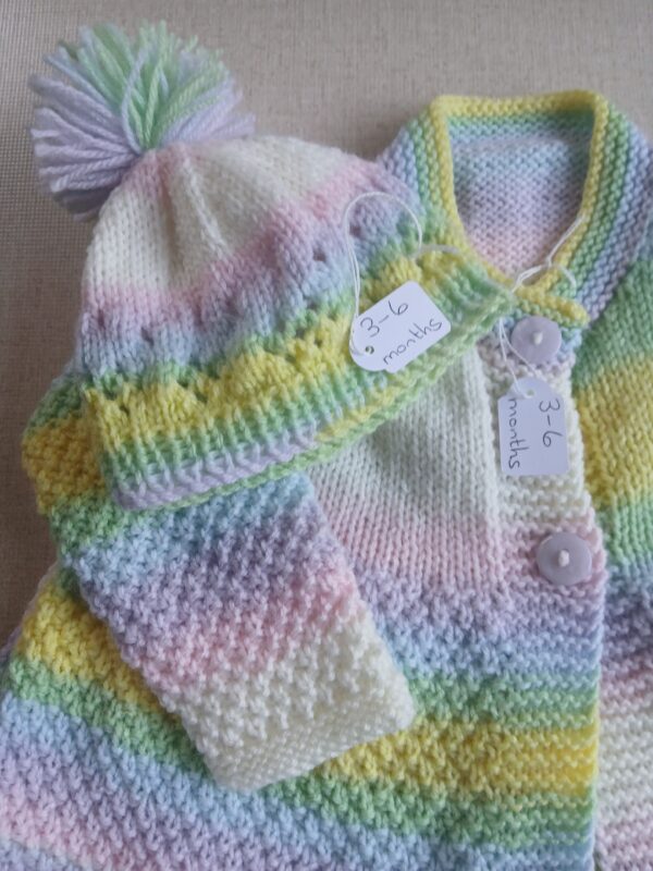 Hand-knitted baby cardigan/coat and pompom hat. Approx 3 to 6 months. - product image 3