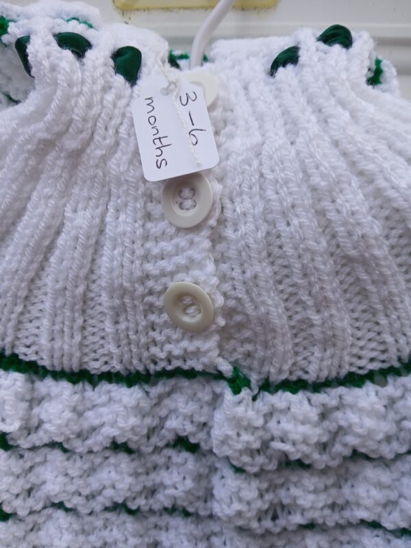 Hand-knitted baby hooded jumper. Approx 3 to 6 months. White and green. - product image 3