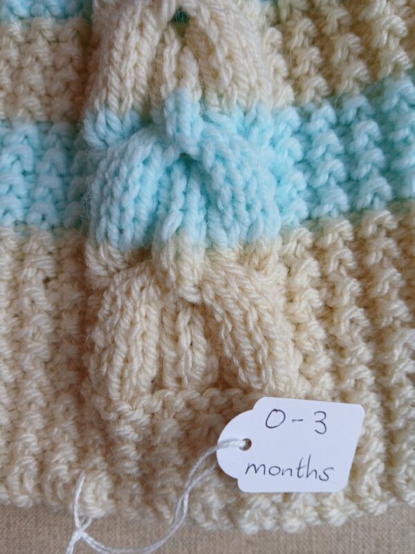Hand-knitted baby hat in cream and turquoise. Approx 0 to 3 mths - product image 2