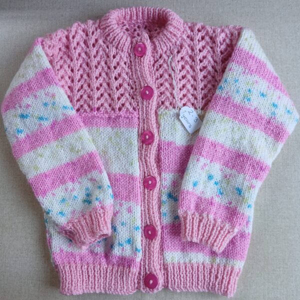 Hand-knitted child’s pink cardigan. Approx 2 to 3 yrs - main product image