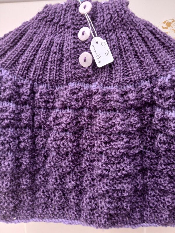 Hand-knitted baby hooded jumper in purple. Approx 0 to 3 mths. - product image 3