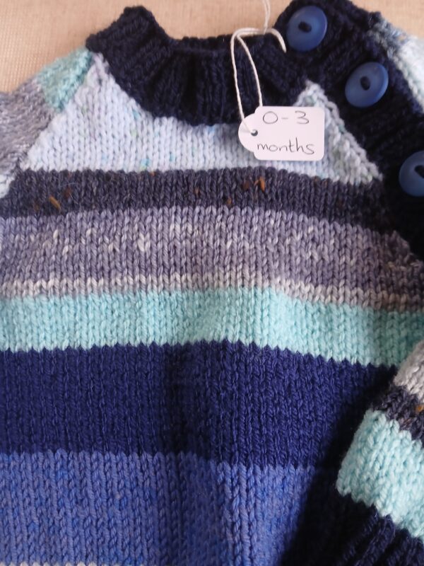 Hand-knitted blue striped baby jumper. Approx 0 to 3 mths - product image 3