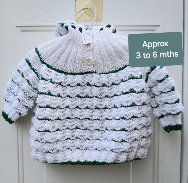 Hand-knitted baby hooded jumper. Approx 3 to 6 months. White and green. - product image 2