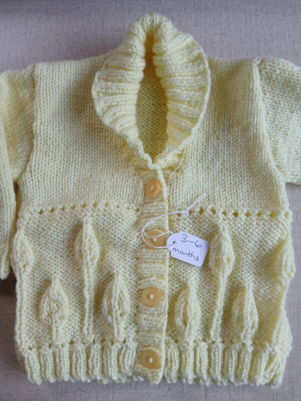 Hand knitted pastel lemon baby cardigan. Approx 3 to 6 months. - main product image