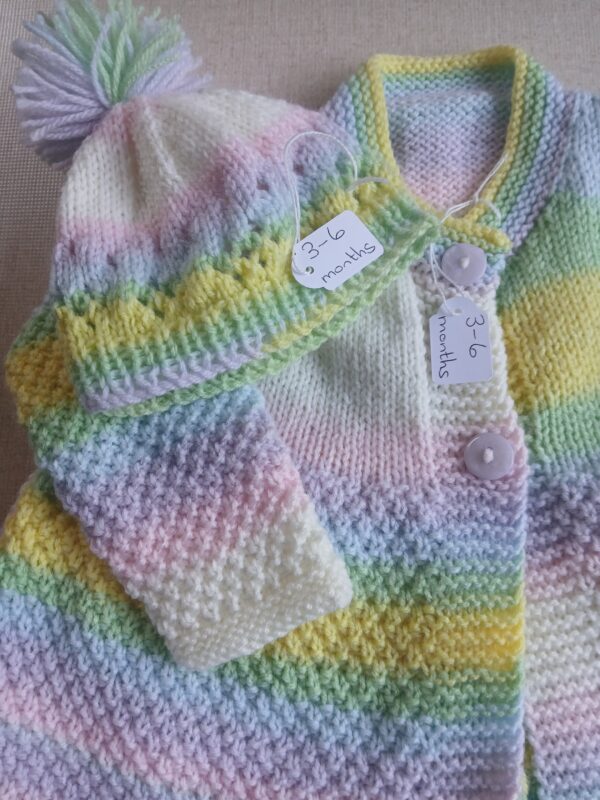 Hand-knitted baby cardigan/coat and pompom hat. Approx 3 to 6 months. - product image 2