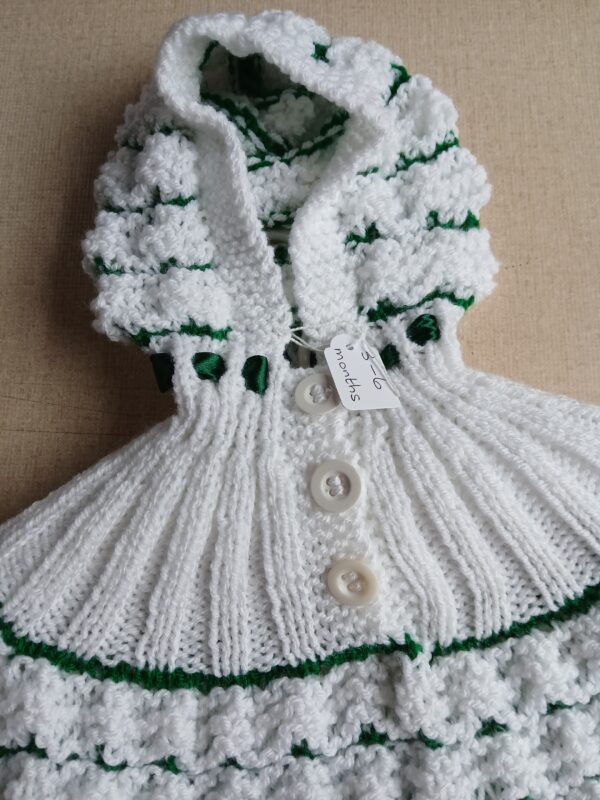 Hand-knitted baby hooded jumper. Approx 3 to 6 months. White and green. - main product image