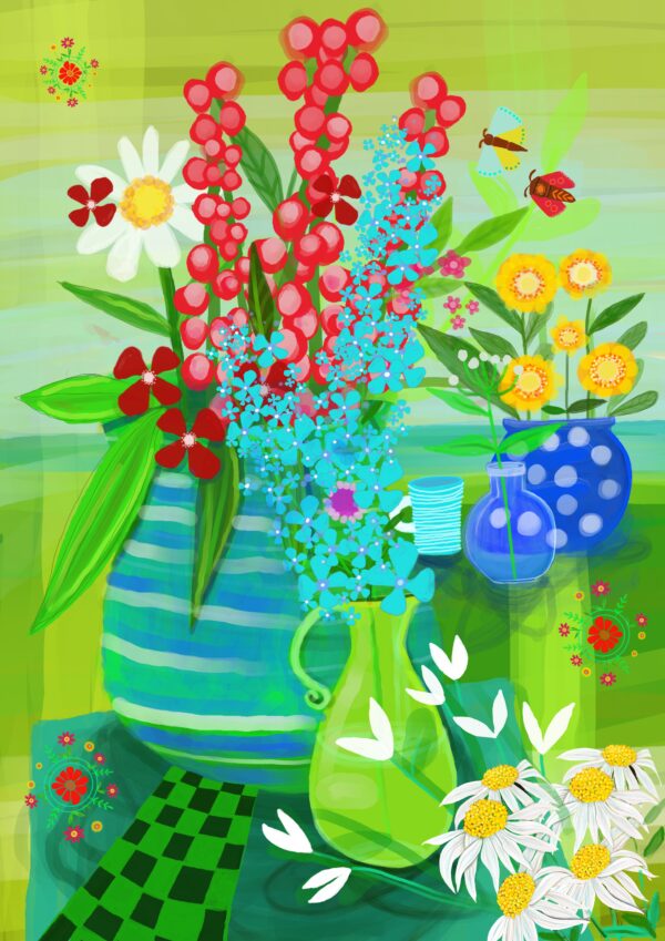 Green Still Life with flowers and moths Art Print - main product image