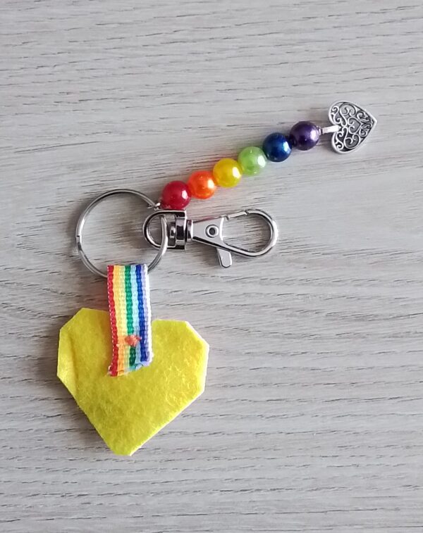 Rainbow Heart, Keyring, Bag Charm, Gay Pride Heart, Beaded Keyring – Yellow - product image 4