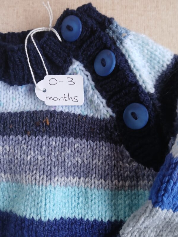 Hand-knitted blue striped baby jumper. Approx 0 to 3 mths - product image 2
