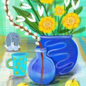 Art Print - Yellow Flowers and little elephant Still Life