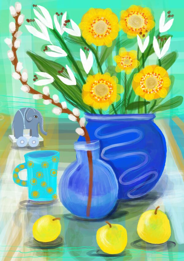 Art Print – Yellow Flowers and little elephant Still Life - main product image