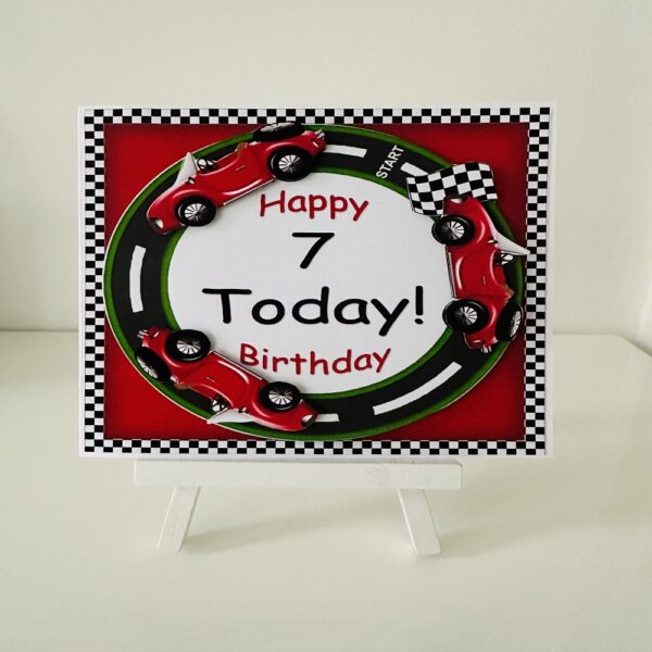7 Today – Handcrafted 3D Decoupage Red Car Themed Birthday Card - main product image