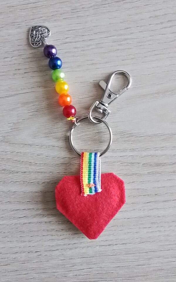 Rainbow Heart, Keyring, Bag Charm, Gay Pride Heart, Beaded Keyring – Red - product image 4