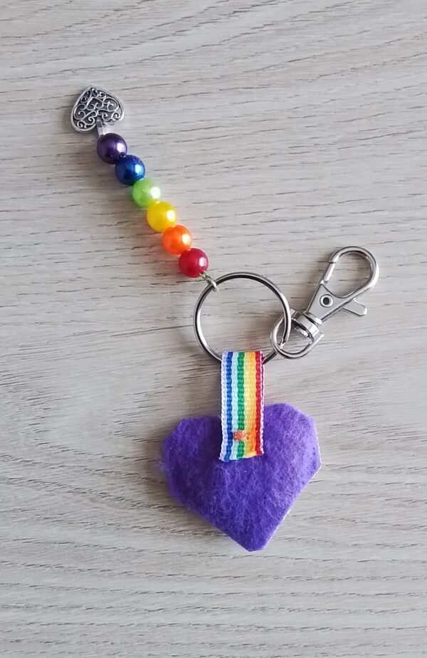 Rainbow Heart, Keyring, Bag Charm, Gay Pride Heart, Beaded Keyring – Purple - product image 4