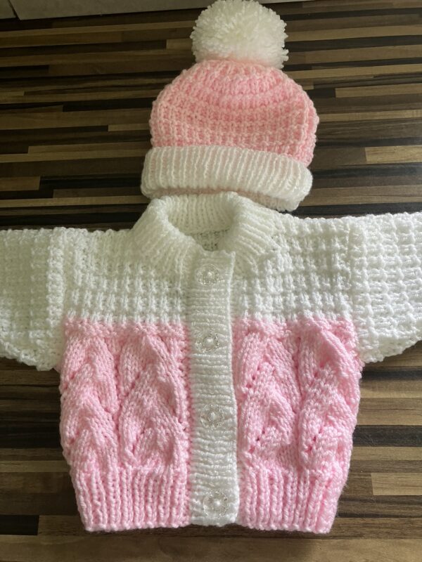 Baby girl pink and white cardigan and hat set - product image 2