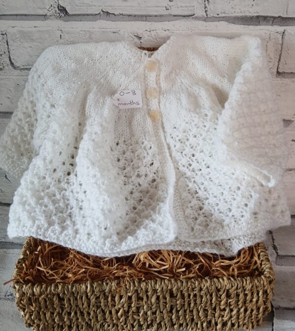 Hand- knitted baby Matinee cardigan/ coat. Approx 0 to 3 months. All proceeds to charity. - main product image