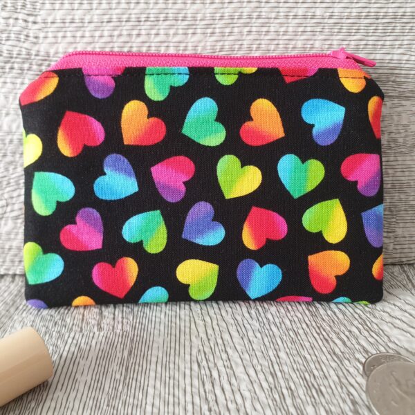 Coin Purse Cosmetics or Makeup Pouch 100% Cotton Rainbow Hearts Pattern Fabric outer. 007 - main product image