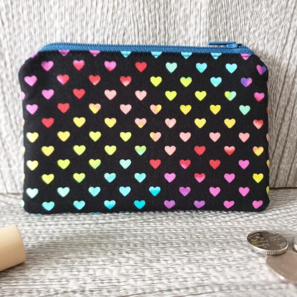 Coin Purse Cosmetics or Makeup Pouch 100% Cotton Small Rainbow Hearts Pattern Fabric outer. 008 - main product image