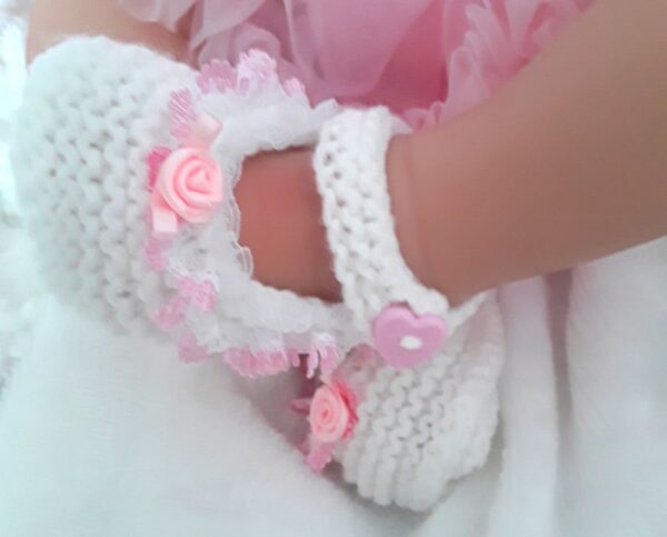White knitted baby booties, frilly lace shoes for baby girl, premature, newborn, 0-3 months - product image 3