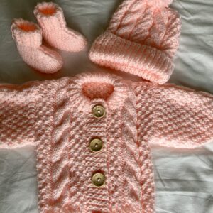 Willow Aran cardigan, hat and bootees set