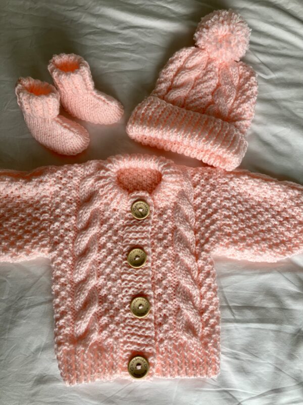 Girls pink Aran cardigan, hat and bootees set - main product image