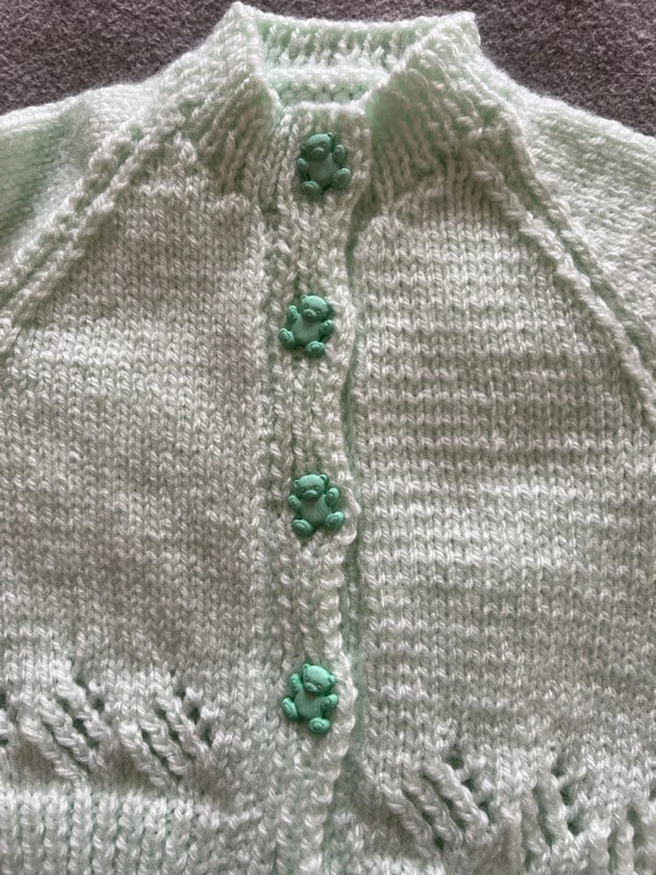 Hand knitted mint cardigan with teddy buttons chest 18” (3-6 months) New - product image 3