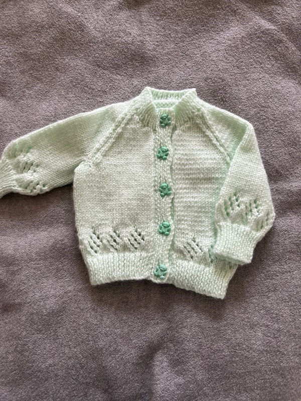 Hand knitted mint cardigan with teddy buttons chest 18” (3-6 months) New - main product image