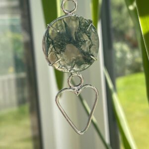 Beautiful Moss Agate Quartz crystal Pendant with a Sterling Silver Heart and Chain.