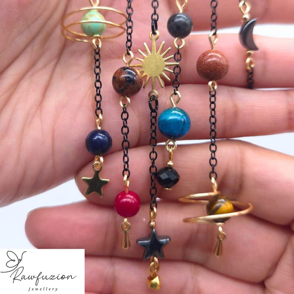 Solar System Ear Cuff, Black & Gold Planet Jewellery | No Pierce Astronomy Gift | Anti Loss Earphone