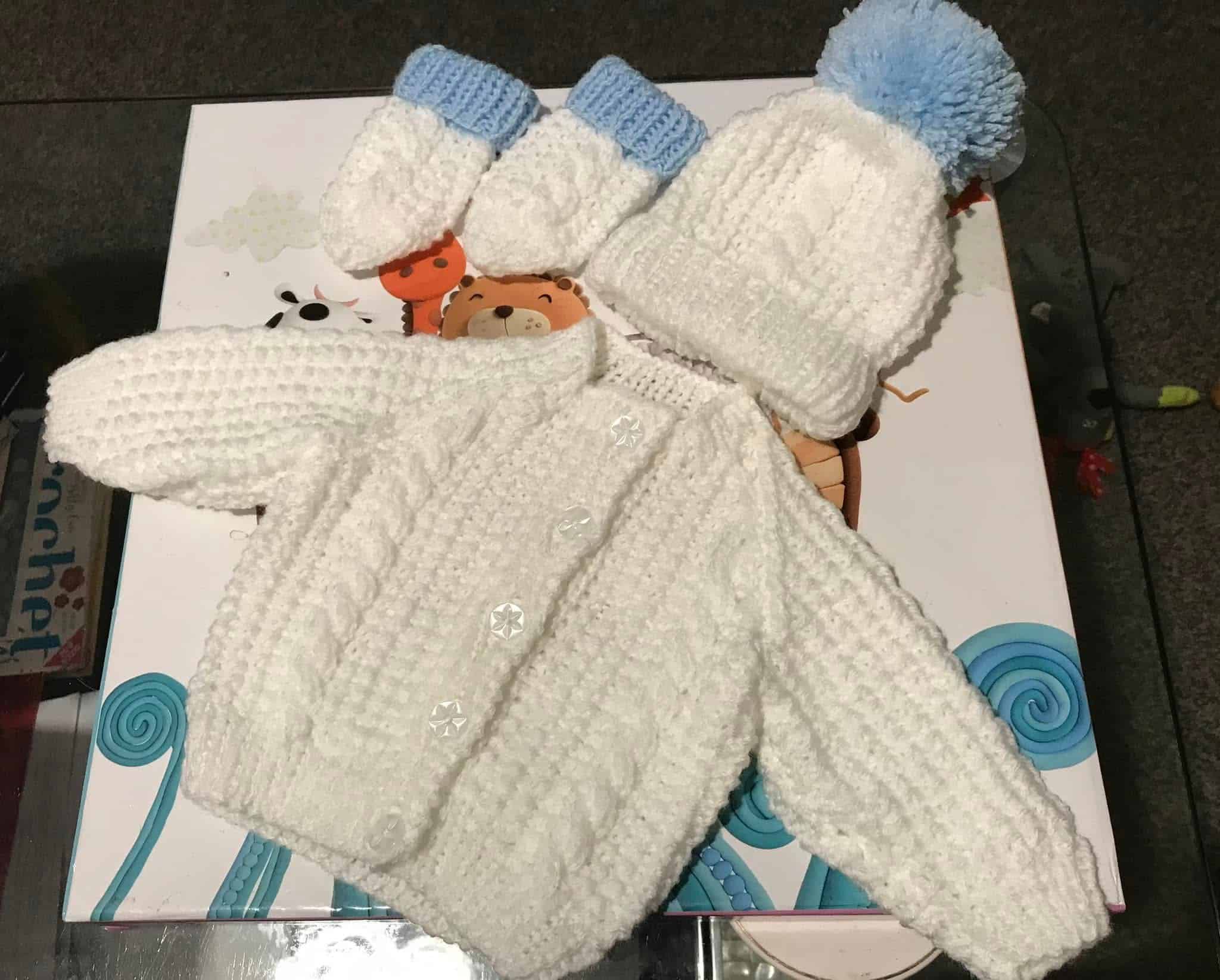 Baby Cardigan, Hat & Mitts Set – made to order - main product image