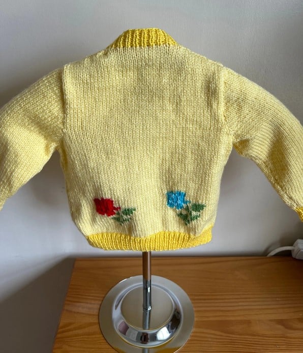 Handknitted lemon / gold flower cardigan size 20” chest - product image 2