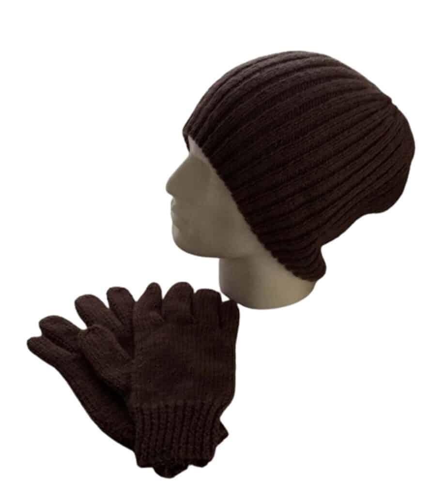 Hand-Knitted Man’s Ribbed Beanie Hat and Gloves~Camel Brown