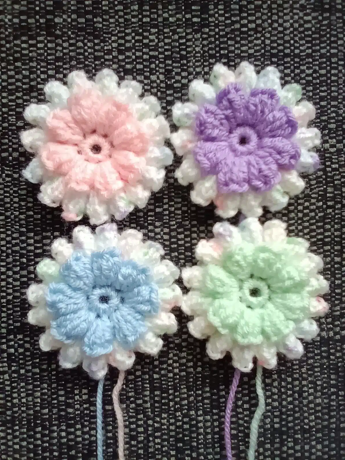 🌼 4 Applique Handmade Hand Crochet Flowers White Spot/Pastels 7cm/2.75ins 🌼 - main product image