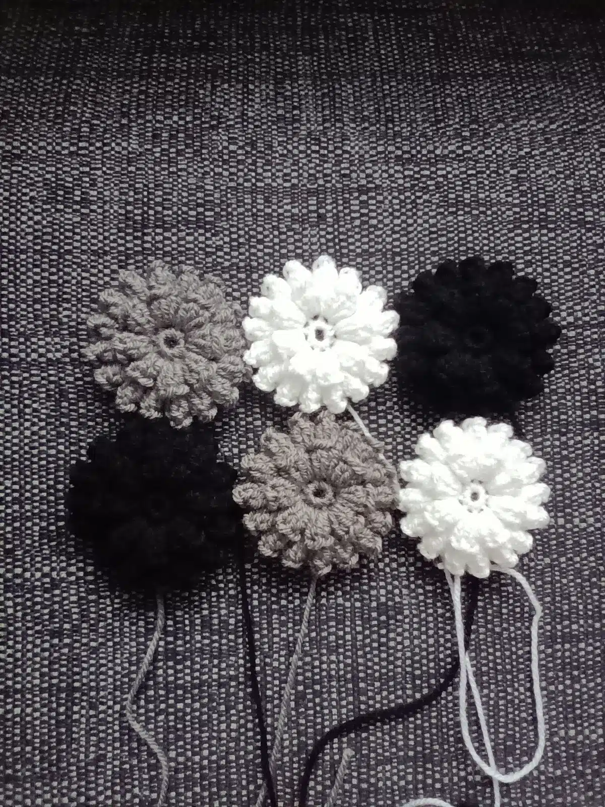 🌼 6 Applique Handmade Hand Crochet Flowers White, Black and Steel Grey 7.5cm/3ins 🌼 - main product image