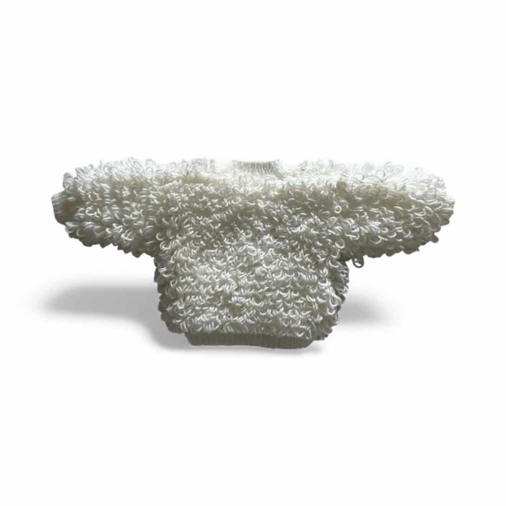 Baby loop stitch cardigan, bonnet and bootees.