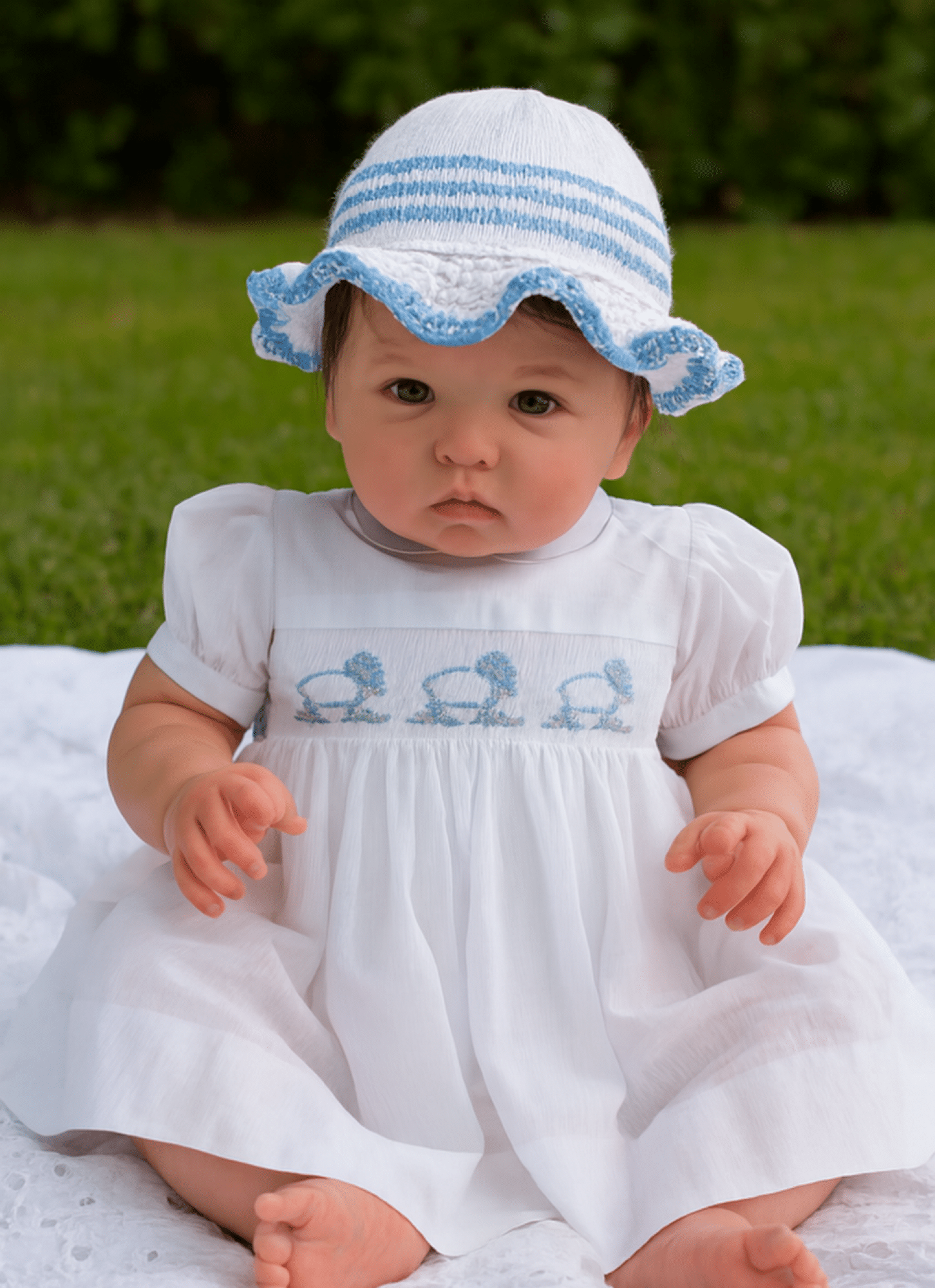 Hand-Knitted Sunhat~100% Cotton~White and Blue~0-3 months - main product image