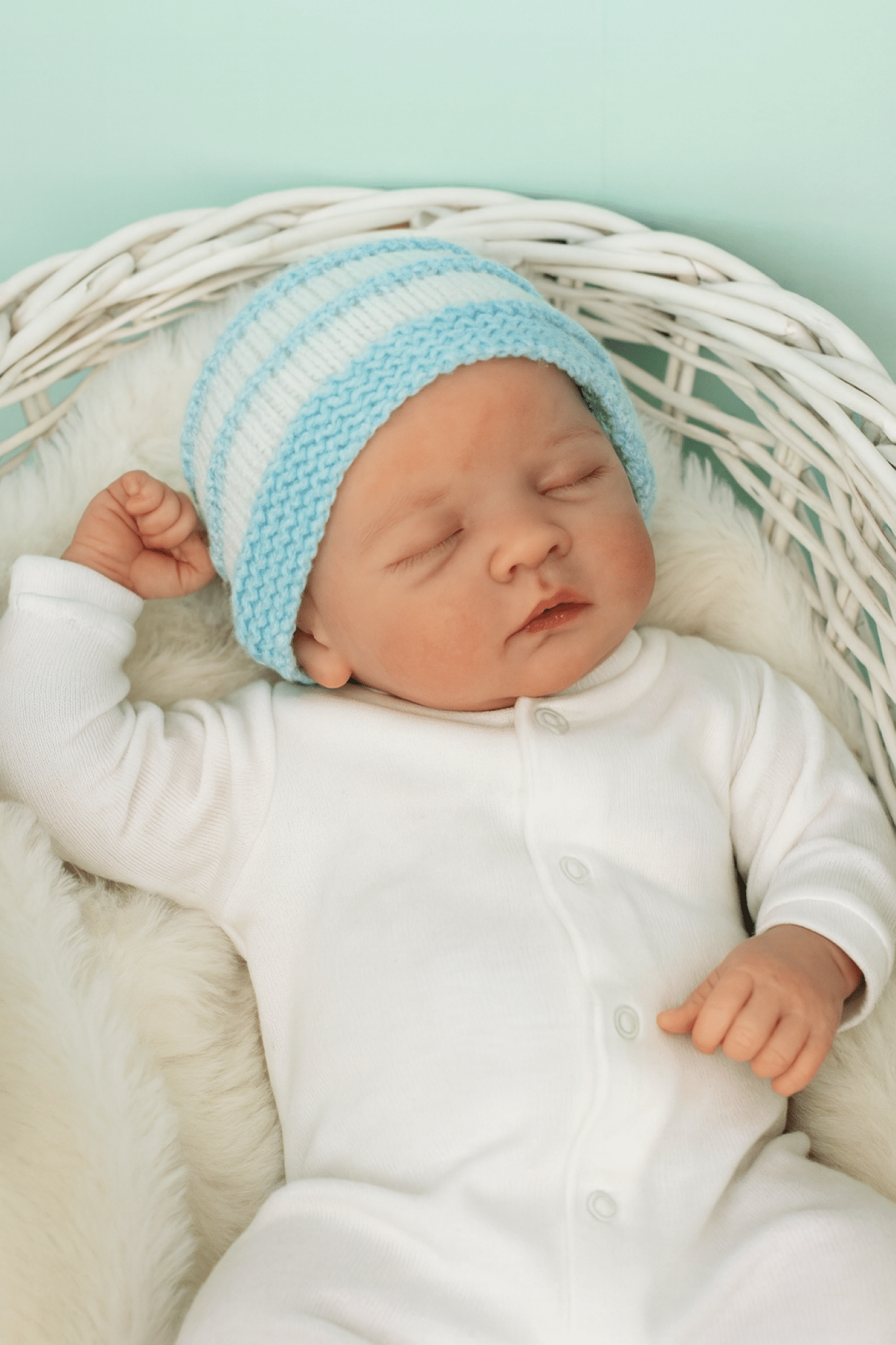 Hand-Knitted Garter Ridge Baby Beanie~Turquoise and White~3-6 months - main product image