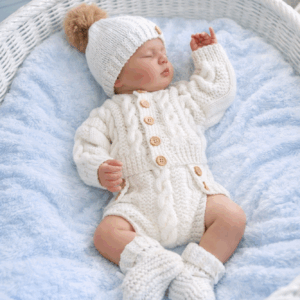 Hand-Knitted 4-Piece Baby Set~White~0-3 months: placeholder image (loading)