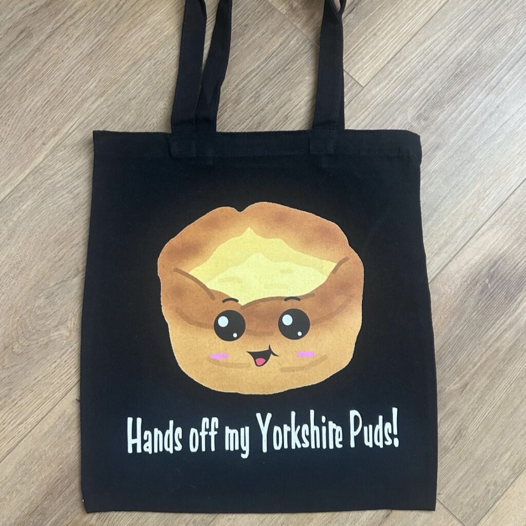Yorkshire Pudding Black Tote Bag, Funny British Gift