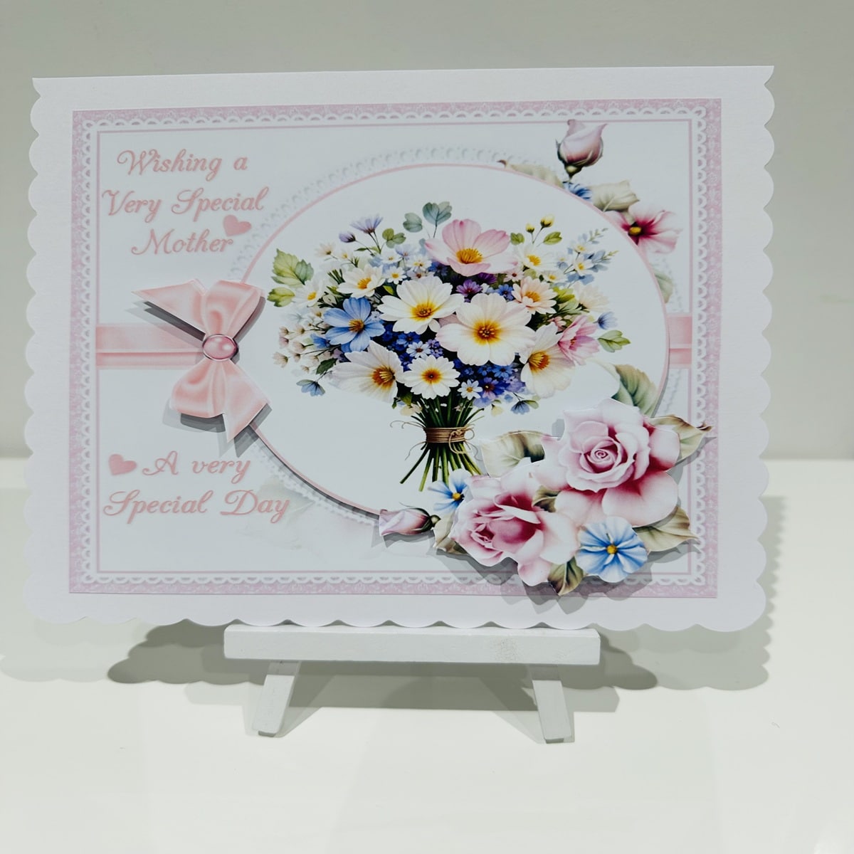 Handmade Pretty Floral Design Happy Mothers Day or Birthday 8×8, 3D Decoupage Greeting Card - main product image