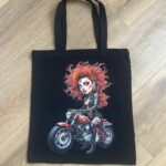 Black Tote Bag with Red Haired Biker Chick, shopper,