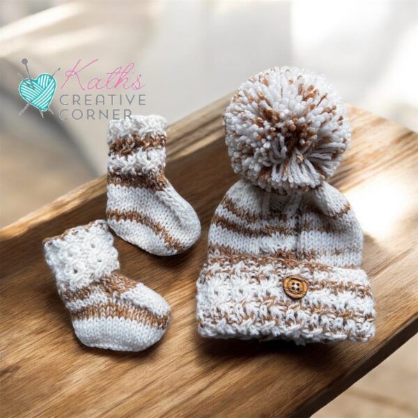 Hand knitted baby cardigan, hat & Booties in white and sand - product image 5