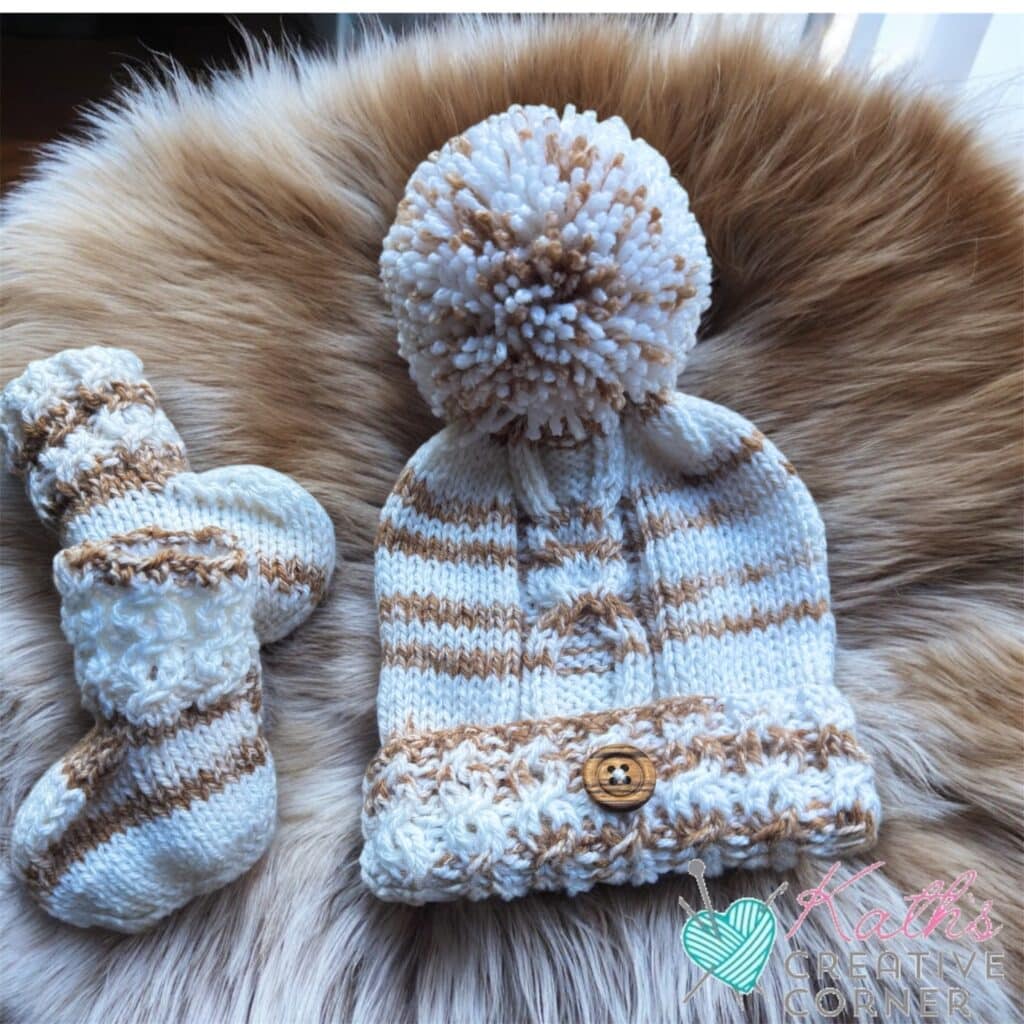 Hand knitted baby cardigan, hat & Booties in white and sand