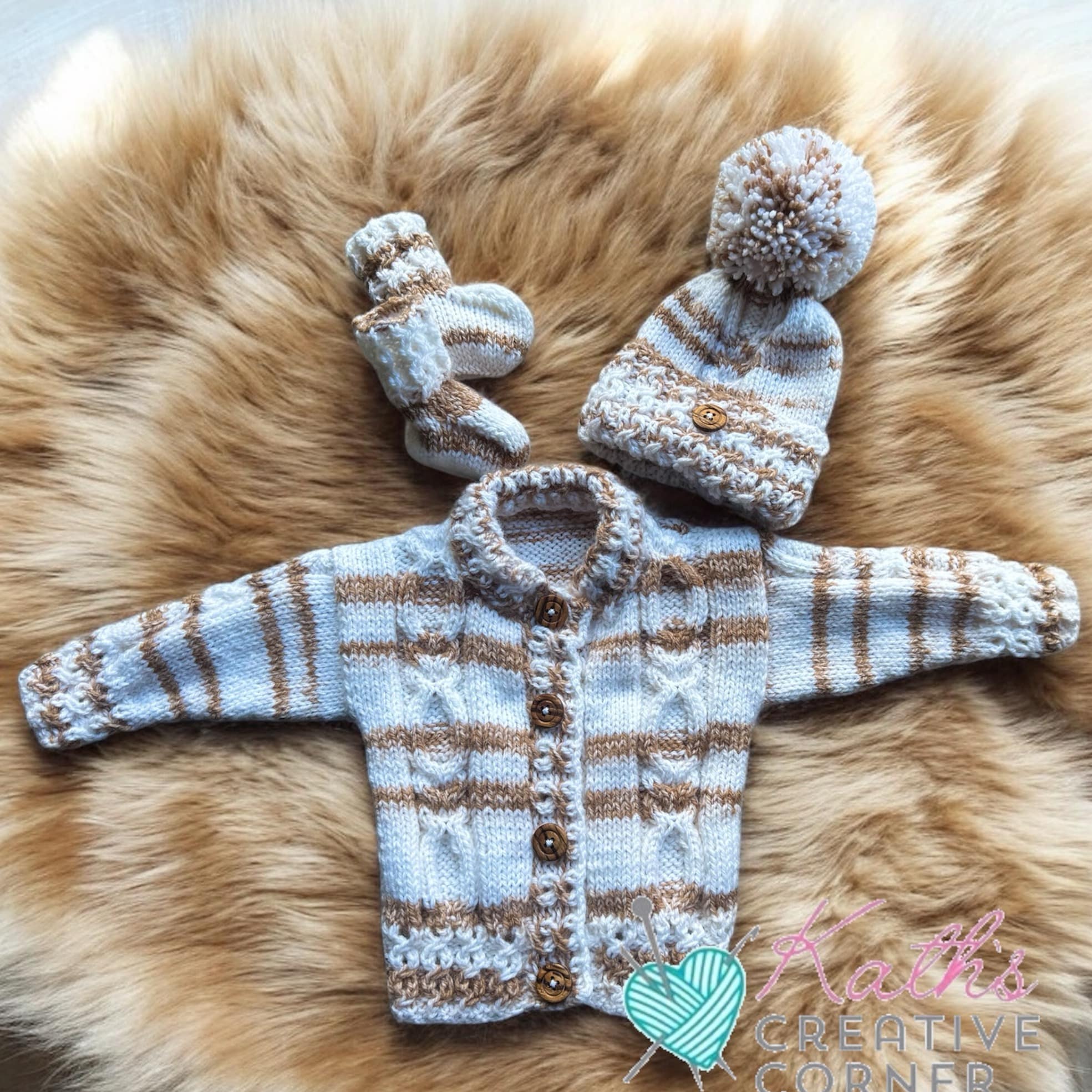 Hand knitted baby cardigan, hat & Booties in white and sand - main product image