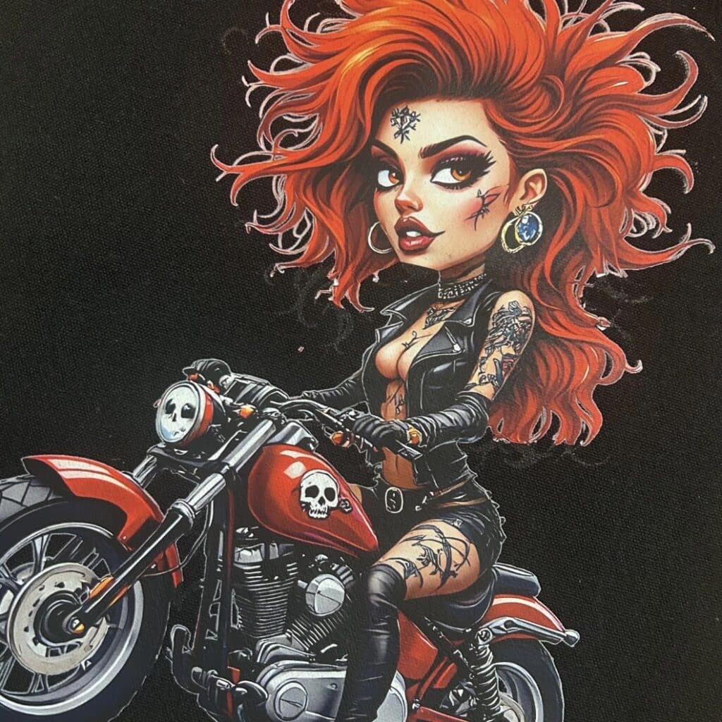 Black Tote Bag with Red Haired Biker Chick, shopper,