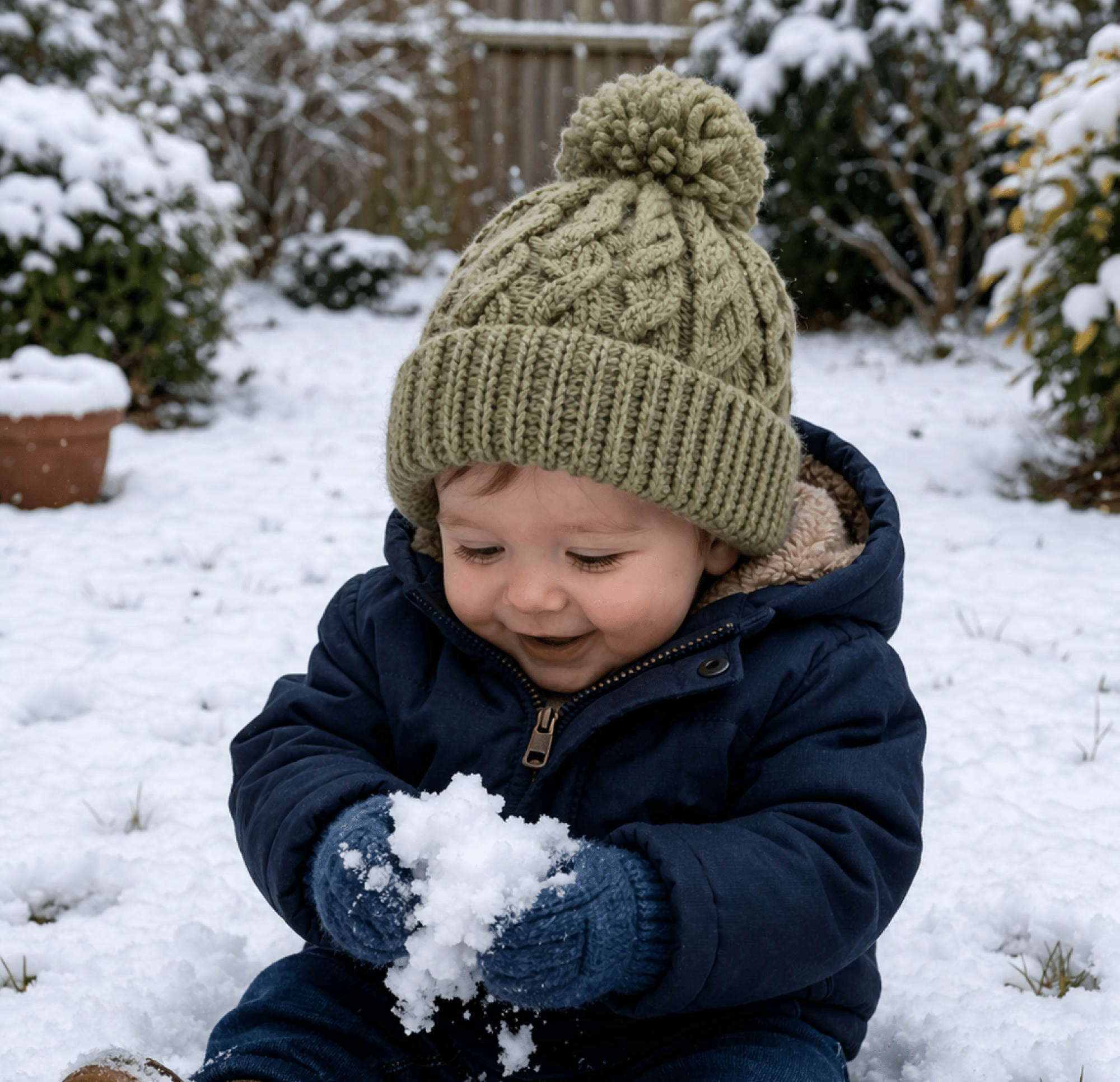 Hand-Knitted Cable Hat with Pom Pom~Pebble~6-12 months - main product image