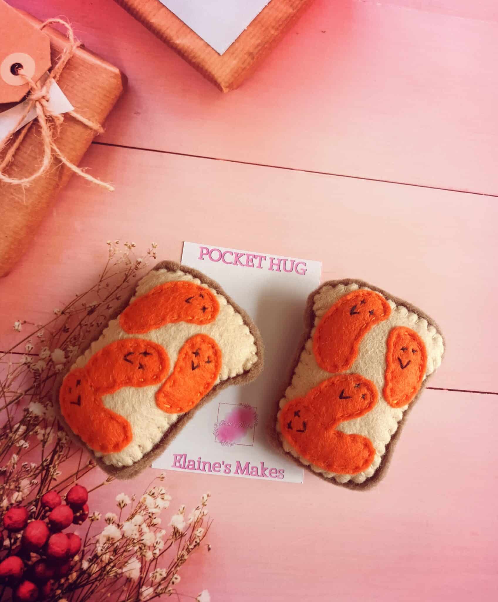 One hand sewn wool blend felt ‘JELLY beanz on toast’ pocket hug & pocket hug card set (orange) - main product image