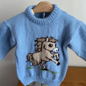 Hand Knitted Sky Blue Pony Jumper – Chest 24″ (approx 2 – 3 years): placeholder image (loading)